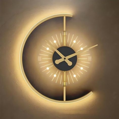 Este moderno reloj de pared LED, fabricado en hierro forjado con forma de media luna y equipado con luces LED tricolores ajustables, es una opción ideal para la decoración de interiores. (1/5)