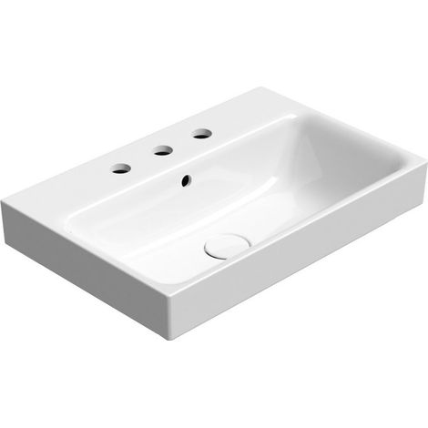 Lavabo en céramique NUBES 60x40cm, bord inférieur moulu, 3 trous de robinetterie, blanc ExtraGlaze (1/3)