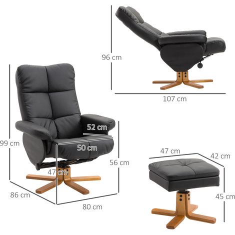 Sillón relax 80x86x99 cm negro en madera con reposapiés, respaldo reclinable 145° y giro 360° (1/4)