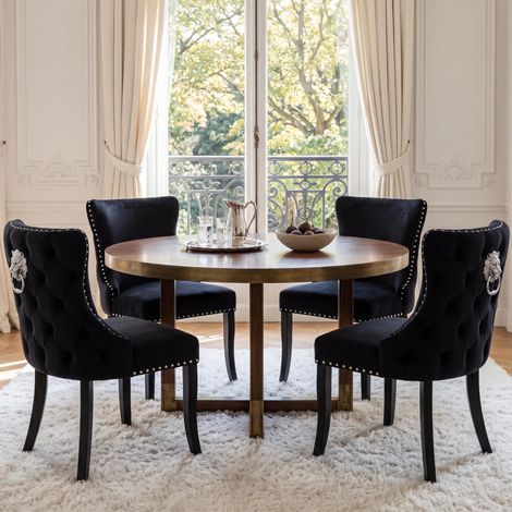 Wahson 4 PZ Sedie Sala da Pranzo in Velluto con Dettagli a Borchie, Sedie Cucina Eleganti con Gambe in Legno, Sedie Imbottite con Schiuma ad Alta Densità per Cucina/Soggiorno, Nero