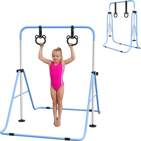 Barra de gimnasia infantil, barra horizontal plegable con altura ajustable y anillas de gimnasia, color azul. (1/5)