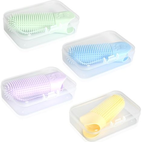 4-teiliges Silikon-Fingerzahnbürsten-Set für Hunde und Katzen, 360° drehbar, wiederverwendbar, mit Box, vollständig verpackt, für Zahnpflege und frischen Atem, Blau, Grün, Gelb, Lila (1/5)