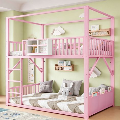 Lit superposé enfant 90x200 cm métal rose, rangements, gain de place, sans matelas – MEUBLIV (1/5)