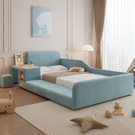 Letto singolo imbottito con scrivania laterale e sgabello, velluto blu e finitura naturale, 90x200 cm (1/5)