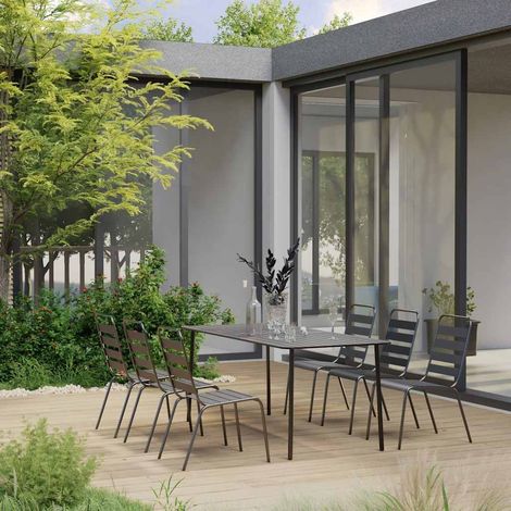 Ensemble repas de jardin 7 pièces en acier gris foncé, table 180 x 83 x 72 cm - PANGIVO (1/5)