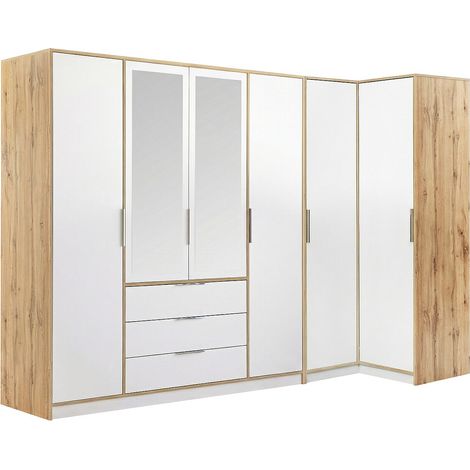 Armadio angolare 6 ante e 3 cassetti Con specchi L302/311 cm Bianco e naturale - LAMIKI (1/4)