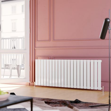 ELEGANT Horizontal Radiator Single Flat Panel 600x1596mm Designer White Radiator with Angled Radiator Valves (1/5)