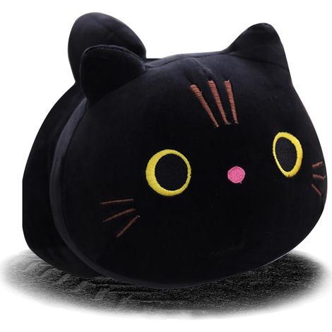 Peluche chat de 25 cm, coussin chat kawaii, chat noir en peluche, chaton mignon aux yeux ronds (noir) (1/3)