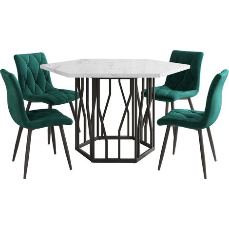 Ensemble table à manger et chaises, 5 pièces, moderne, table à manger hexagonale en marbre + 4 chaises de salle à manger en velours vert, pour créer un restaurant chaleureux et moderne (1/5)
