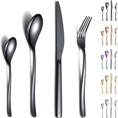Ensemble de couverts noirs 24 pièces, fourchettes et cuillères en acier inoxydable robuste plaqué titane noir Ensemble d'ustensiles résistant à la rouille, lavable au lave-vaisselle (1/5)