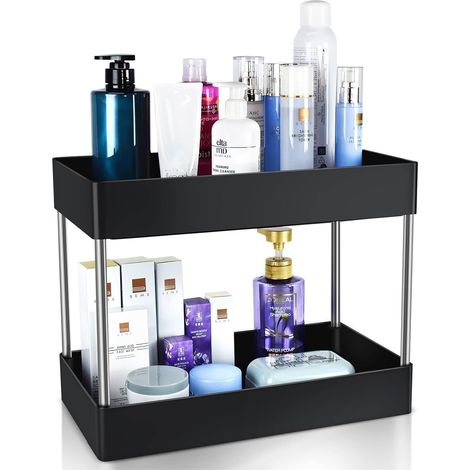 Etagere Salle de Bain, Rangement Sous Evier Cuisine à 2 Niveaux Avec 4 Crochets, Organisateur Salle de Bain, éTagèRe Multifonctionnelle Sous L'éVier pour Cosmétiques, Parfums