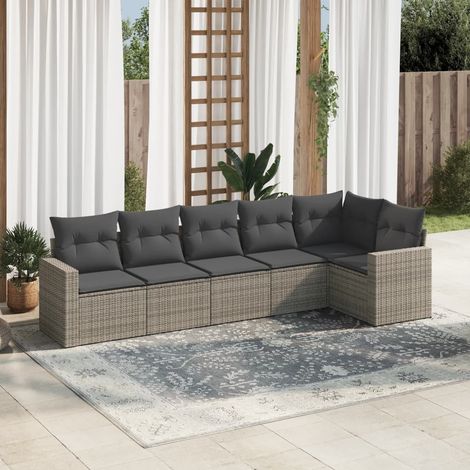 Ensemble de canapé de jardin 6 pièces avec coussins, en polyrotin gris