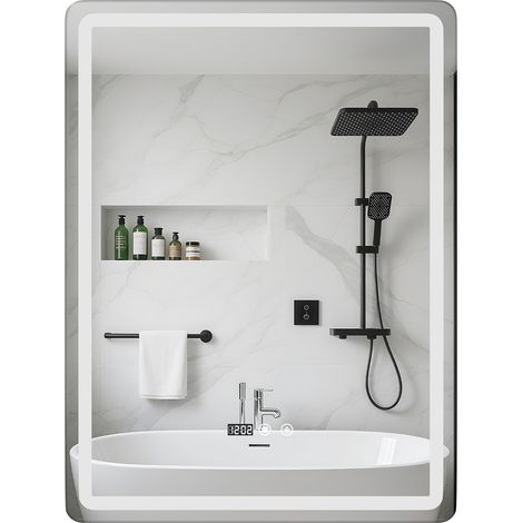 Miroir de salle de bain mural avec interrupteur tactile LED, fonction antibuée, éclairage avant et arrière, 80 × 60 × 3 cm (1/5)