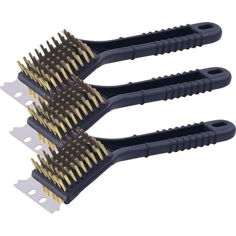 Lot de 3 Brosses Métalliques, Grattoir Acier, Manche Rainuré, Nettoyage Barbecue Cuisine Garage (1/5)