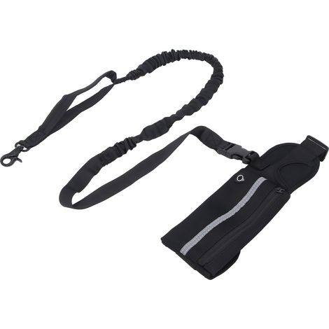 Laisse pour chien avec pochette zippée, ceinture élastique pour promenade, dressage et course, noire réfléchissante. (1/5)