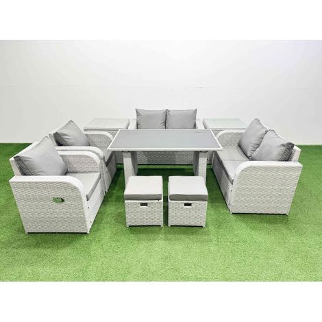 Fimous 9 Pieces Outdoor PE Rattan Sofa Reclining Chair Set Patio Garden Furniture Sets with Cushions 2 Side Tables 2 Small Stools Light Grey (1/4)