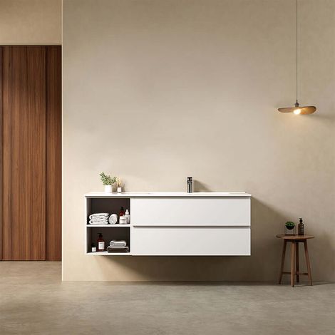 Mobile bagno sospeso 140 cm Bianco Lavabo a Destra in Resina Senza Specchio - Fiji Paint Plus (1/4)