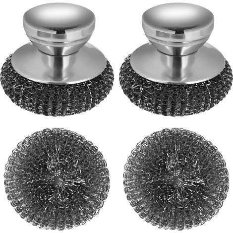 Lot de 2 brosses en laine d'acier, brosse en acier inoxydable avec manche en acier inoxydable, pour laver la vaisselle, les casseroles en fonte, etc.