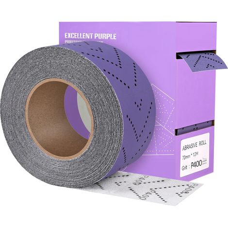 Rouleau de Papier Abrasif Grain 400, 70 mm x 12 m Rouleau de Feuille de Ponçage Multi-Trous Prédécoupé Papier de Verre Céramique Violet pour Le Bois, Le Métal, Le Ponçage Automobile (1/5)