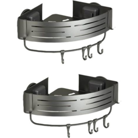 Étagère de douche d'angle Onemake, 2 étagères en aluminium, 2 barres porte-serviettes, 12 crochets, gris (lot de 2) (1/5)