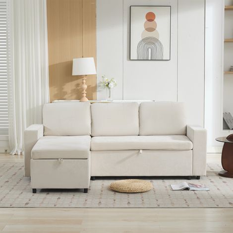 Canapé d’angle convertible 3 places 202x136x85 cm, méridienne réversible, rangement latéral, charge 120 kg, chenille, Beige (1/5)