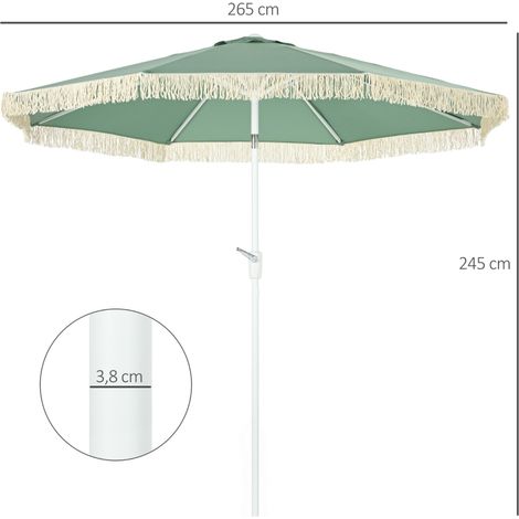 Parasol de jardin vert Ø2,65m, inclinable franges manivelle 8 baleines (1/5)