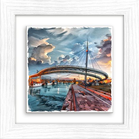 Lupia - Quadro moderno con paesaggi e localismi italiani, Ceramica e Stampa Rilievo, Cornice Legno Shabby Modern bianca, Decorazione Parete, Quadretti Soggiorno, 29x29 cm, PESCARA PONTE SUL MARE (1/4)