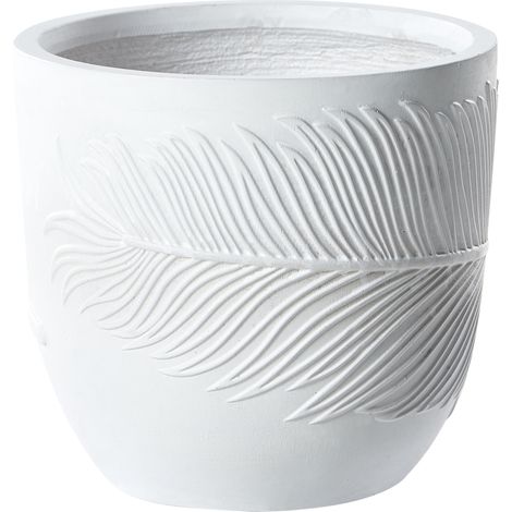 Maceta exterior motivo hoja redonda piedra fibra arcilla 28x28x16 cm blanco Ftero