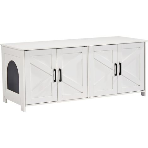 Mophorn Muebles de Baño Oculto para 2 Gatos 1,19 x 0,5 x 0,55 m Casa de Inodoro para Gatos con Puertas Decoradas de Ratán Armario de Madera para Ocultar las Cajas de Arena para Gatos, Blanco