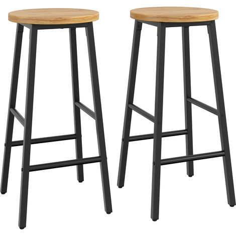 Set di 2 sgabelli da bar, 63 cm, con poggiapiedi, piedini antiscivolo regolabili, MDF effetto legno, struttura in metallo nero (1/5)