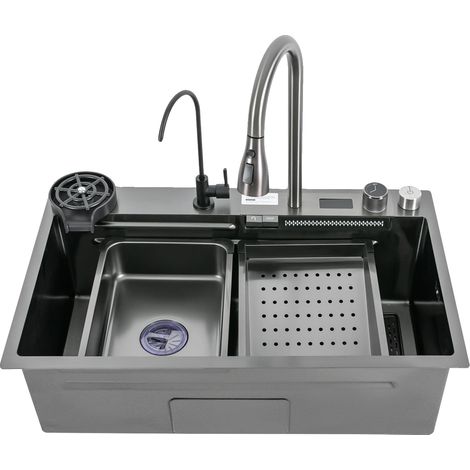 Évier de cuisine, simple cuve, ensemble de robinet intégré, noir (1/2)