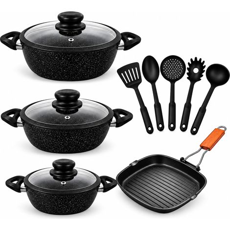 Set Batteria 12 Pz Nera Con 3 Tegami 20/24/28 con coperchi + Bistecchiera 24cm e 5 mestoli