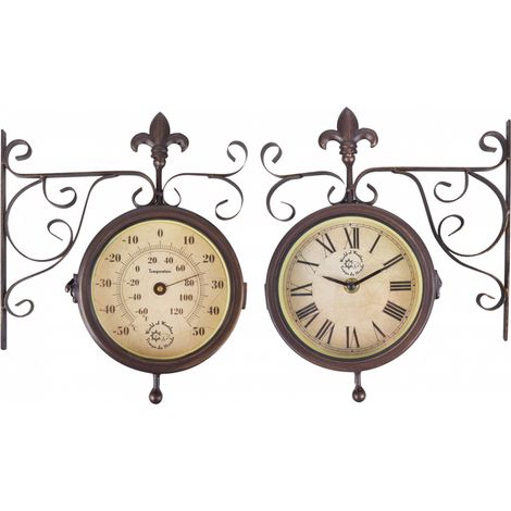 Esschert Design – Horloge double-face avec thermomètre – Acier doux – Dimensions 8,7 x 25 x 28,5 cm – Température -50 à 50 °C