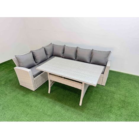 Fimous 6 Seater Rattan Garden Furniture Set Outdoor Patio Dining Corner Sofa Sets with Dining Table Light Grey Mixed (1/5)