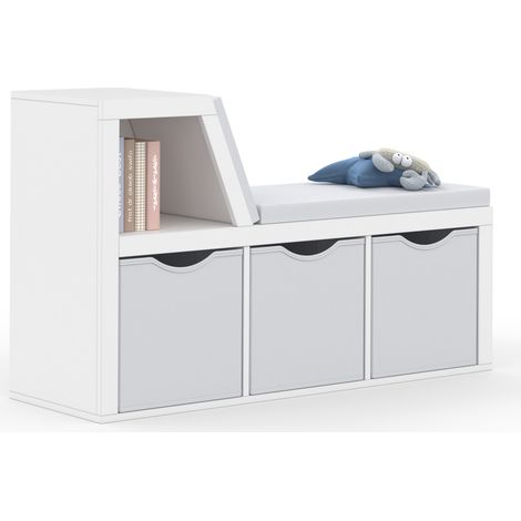 Idmarket – Bibliothèque enfant 4 cases avec coussins gris – Dimensions 102x33x62 cm – Panneaux de particules et bacs en tissu – Design contemporain blanc (1/5)