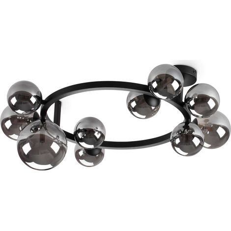 Ideal Lux PERLAGE Plafonnier globe à 10 ampoules, noir, abat-jour gris fumé