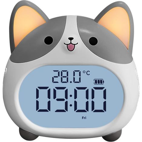 Réveil numérique, joli réveil Corgi, avec 2 fonctions de réveil et fonction snooze, rechargeable par USB, avec veilleuse et écran LED, lampe de chevet avec réveil (gris) (1/5)