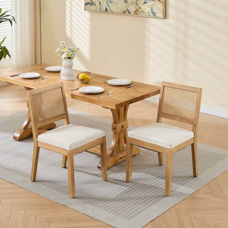 Esszimmerstühle aus Holz und Rattan beige, 2er-Set, atmungsaktive Rückenlehne, Landhausstil,56×48×86.5cm (1/5)