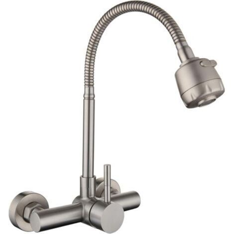 Wall-mounted stainless steel 304 kitchen mixer tap, 360° swivel sink tap with flexible brushed hose