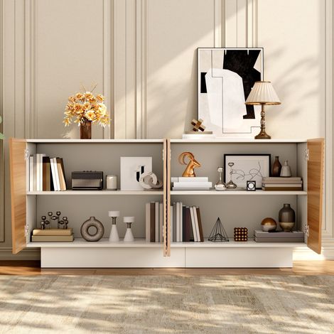 Buffet 160x40,5x72 cm, 4 portes rainurées, blanc et naturel, MDF et panneaux de bois FloraGrace (1/5)