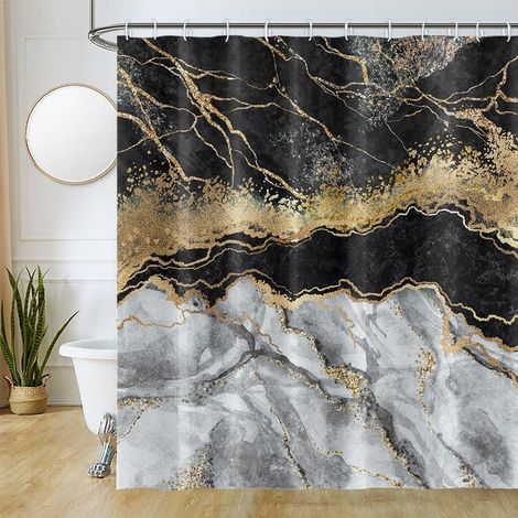 Rideau de Douche 180x180cm Gris Effet Marbre Noir Jaune Abstrait Rideaux de Baignoire Tissu Lavable Imperméable Polyester Rideaux Salle de Bain (1/5)