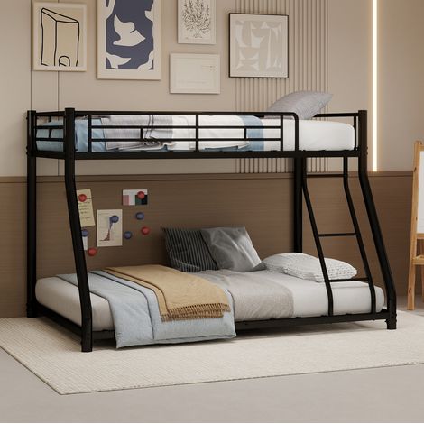 Cama litera moderna de metal negro 90x190/140x190 cm con escalera, barandillas altas y somier de láminas (1/5)