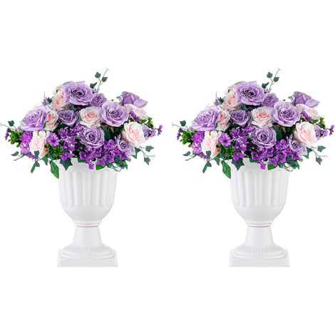 2 Pièces Jardinière Classique pour Urne, Urne Décorative en Plastique pour Intérieur ou Extérieur, Hauteur 35.5cm, Jardinière en Plastique Avec Piédestal Haut, Pot de Fleur Style Vintage, Blanc (1/5)
