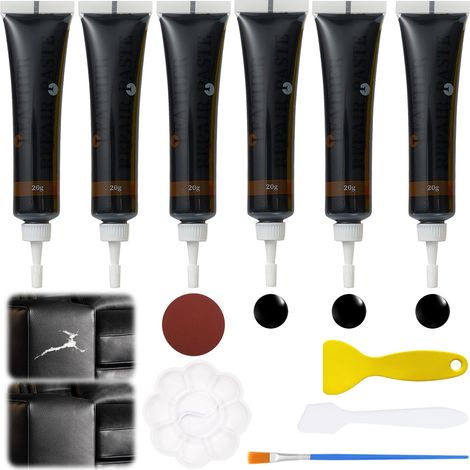 6 Pcs Teinture Cuir 20g/Pcs Kit Reparation Cuir, Siege de Voiture pour Réparer Les Rayures Défauts Et Décolorations avec 1 Palette Pinceau Grattoir à Long Manche Petite Pelle Papier de Verre Rond (1/5)