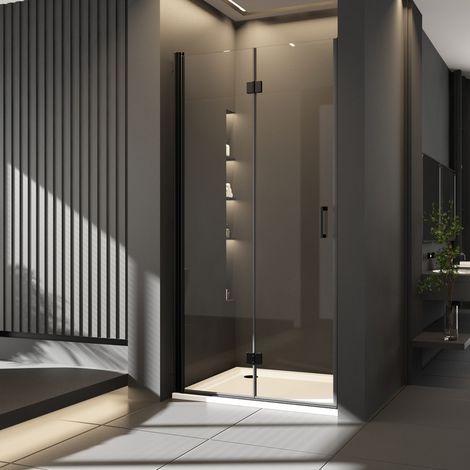 90 x 195 cm Schwarzer Duschtür Nischentür Duschabtrennung Duschkabine Falttür Dusche Drehfalttür Nische 6mm NANO ESG Glas Faltbar Duschwand