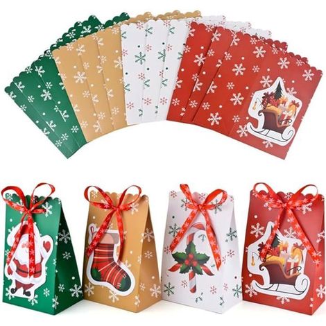 Sacs cadeaux Noël 24 pièces, sacs en papier emballage cadeau de Noël avec noeud rouge flocon de neige sacs en papier de Noël (1/5)
