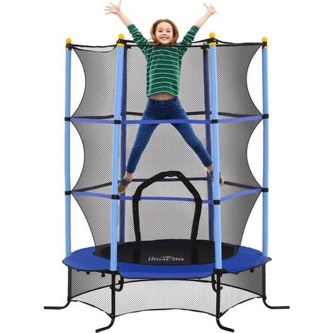 Trampoline pour enfant bleu 163 cm avec filet de sécurité, structure acier, 50 kg, pour intérieur et extérieur sportif