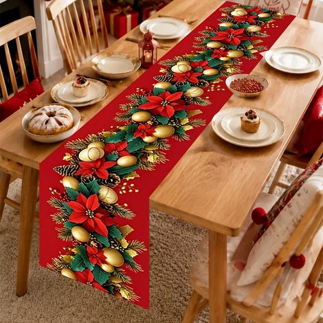 Chemin de table de Noël en polyester à imprimé floral rouge, nappe de Noël - 180 x 30 cm (polyester) - Style 1