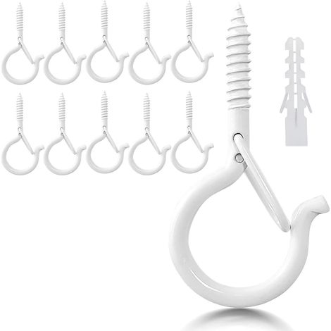 Lot de 10 crochets à vis en acier inoxydable avec sécurité, crochets à vis, crochets de plafond, crochets muraux pour suspendre des plantes en pot, lumières, blanc