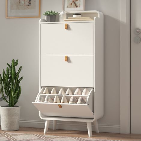 Armario zapatero blanco de MDF y melamina con 3 puertas abatibles, diseño estrecho y patas de madera maciza (1/5)
